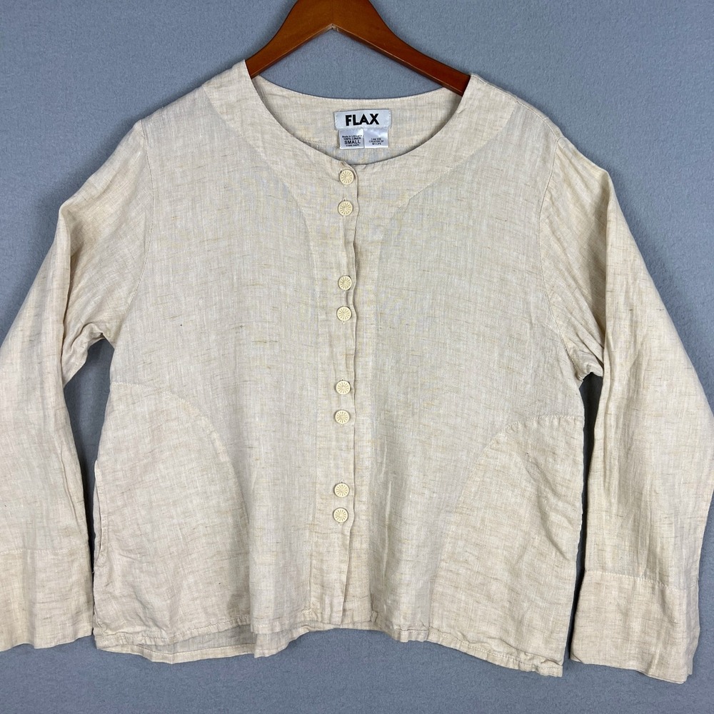 Flax Button‎ Front Top Womans S Linen Natural Beige Long Sleeve Minimalist Tunic